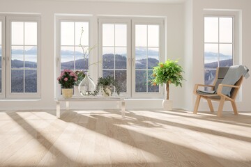 empty room with table,chair,plaid,flowers and big windows with mountain landscape interior design. 3D illustration