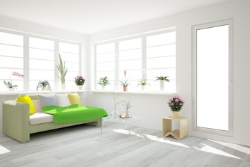 Fototapeta na wymiar idea of rom with sofa,pillows,mirror table with furniture,big windows and many flowers interior design. 3D illustration