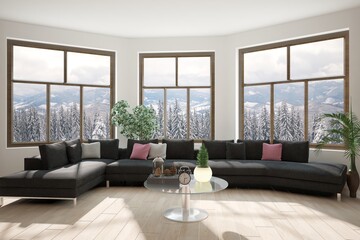 modern room witrh big sofa,big windows with mountain landscape, table with furniture interior design. 3D illustration