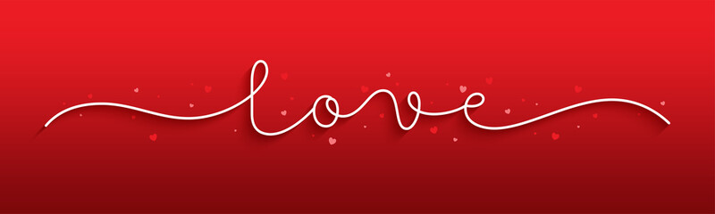 LOVE white vector monoline calligraphy banner with hearts on red background
