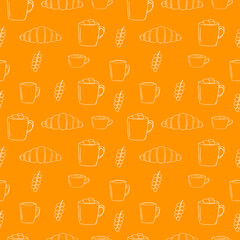 Seamless pattern vector illustration of hot chocolate, a croissant and a sprig of currant, hand drawing, orange color