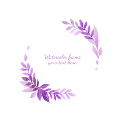 Nice watercolor square frame for spring, summer, wedding design. Delicate cute design of card for you. Hand drawn waterrcolor frame with purple, pink, blue, violet leaves and twigs.