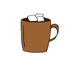 Hot chocolate with marshmallow in a brown cup, vector illustration, hand drawing