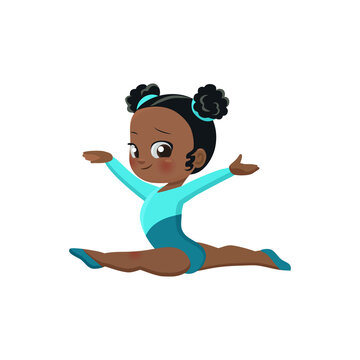 Vector sticker of cute cartoon African gymnast in rhythmic gymnastics competitions, athlete in training, children's sports school, isolated on a white background, eps 10