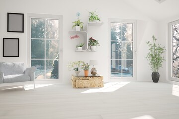 modern room with table,armchair,many plants,frames and windows with natural background interior design. 3D illustration