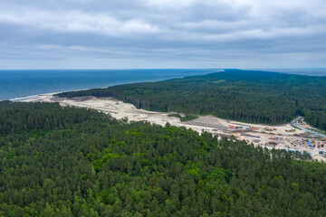 Aerial view of Vistula Spit, place for the future canal. Construction site from above. Poland.