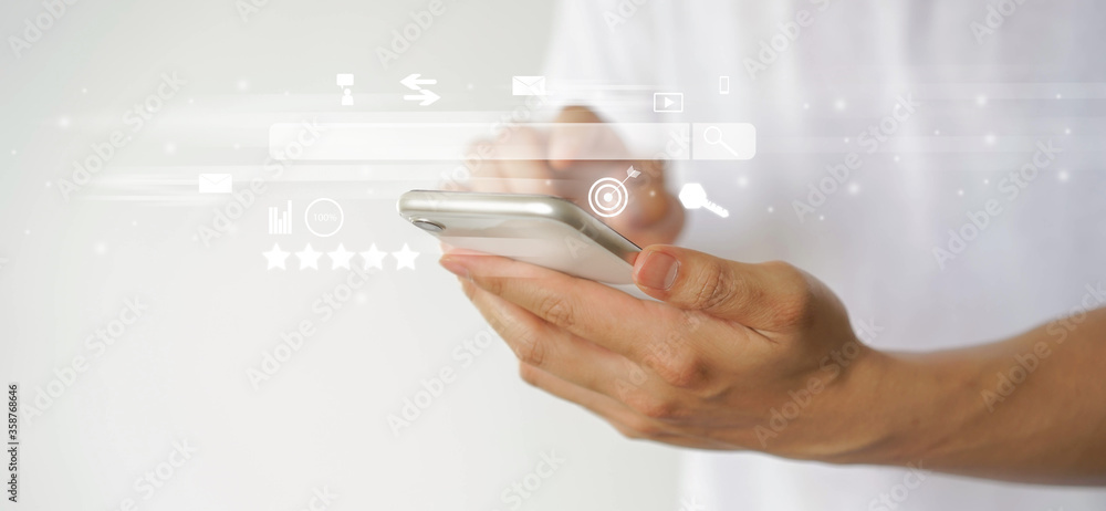 Canvas Prints close up man hand touchscreen on smartphone to use search engine optimization (seo) tools for find c