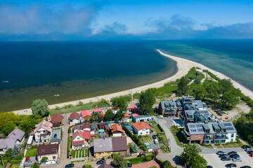 Rewa, Poland. Aerial view of Isthmus Rewski in summer at the Baltic Sea in Rewa, Pomeranian voivodship, Poland.