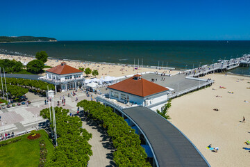 Sopot Aerial View. Sopot resort in Poland. Wooden pier (molo) with marina and yachts. Sopot is...