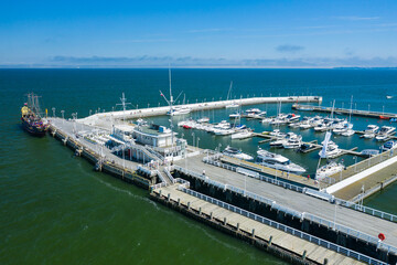 Sopot Aerial View. Sopot resort in Poland. Wooden pier (molo) with marina and yachts. Sopot is...