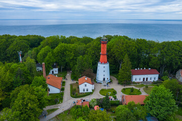 Aerial view of lighthouse in the small village of Rozewie on the Polish seashore of the Baltic Sea. Poland. Europe.