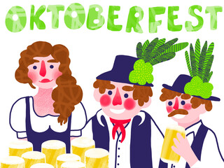 Oktoberfest simple cartoon textured horizontal illustration. Happy people in traditional bavarian clothes with hat. Pretty waitress and two smiling men with beer mugs flat illustration. One of a serie