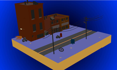 Downtown 3D vector at night with buildings and a trash can 