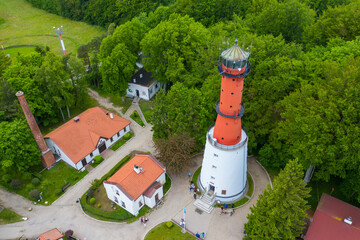 Aerial view of lighthouse in the small village of Rozewie on the Polish seashore of the Baltic Sea....