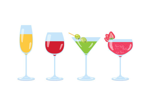 Different type of alcoholic drinks and glasses icon vector. Different types of alcoholic glasses icon isolated on a white background. Glasses of champagne, red wine, martini and strawberry daiquiri