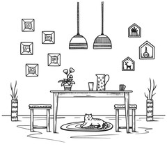 Sketch dining room in boho style. Furniture and many different elements of the interior. Vector