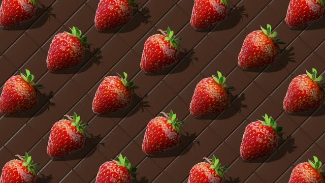 Beautiful background from  of large group of red juicy strawberries berries. Fresh juicy strawberry rotating on background of chocolate bar. Flat lay, top view. Isometric view. Seamless loop video. 