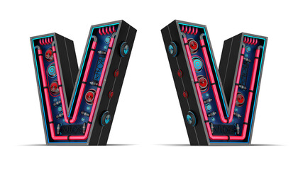 Black alphabet with Red and blue Neon light 3d rendering illustration with clipping paths.