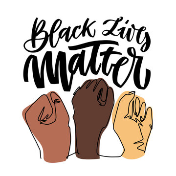 Black lives mattern hand lettering banner with hands clenched fist for protest human right of black people in U.S. America. Vector calligraphy illustration on white background in doodle style