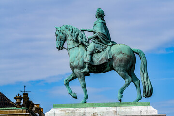 Statue of Frederick V by Jacques Francois Joseph Saly, Amalienborg Palace Square, Copenhagen, the capital of Denmark