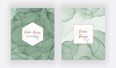 Green alcohol ink cards with geometric marble frame. Modern abstract watercolor design.
