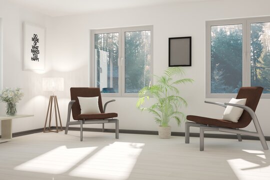 modern room with chairs,pillows,plants,table ,flowers and natural background in windows interior design. 3D illustration