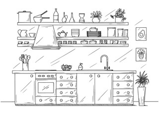 Hand drawn kitchen. Illustration in sketch style.
