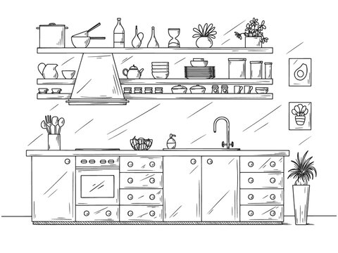 Hand drawn kitchen. Illustration in sketch style.