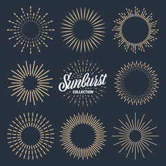 Fototapeta premium Vintage sunburst collection. Bursting sun rays. Fireworks. Logotype or lettering design element. Radial sunset beams. Vector illustration.