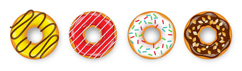 Donut with cream. Cookie cake. Sweet dessert with sugar and caramel. Cafeteria food, snack. Coffee shop.Vector illustration.