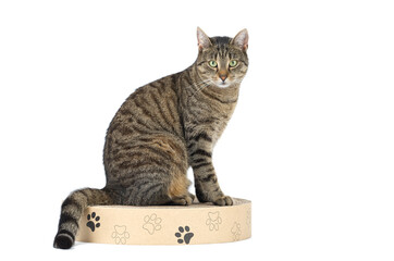 Adult grey tabby cat sitting on the paper cat scratcher with paws from recyclable cardboard isolated on white background