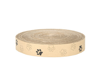 Paper cat scratcher with paws from recyclable cardboard isolated on white background