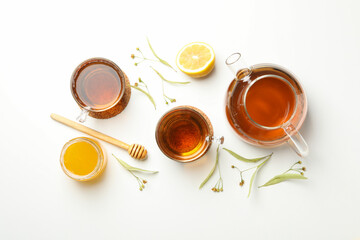 Composition with linden tea on white background, top view. Natural tea