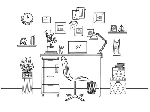 Sketch the room. Office chair, desk, various objects on the table. Sketch workspace. Vector
