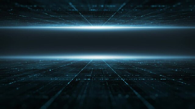Abstract Digital cyber space particles perspective grid floor ground with flare matrix background. Futuristic big data information technology concept	