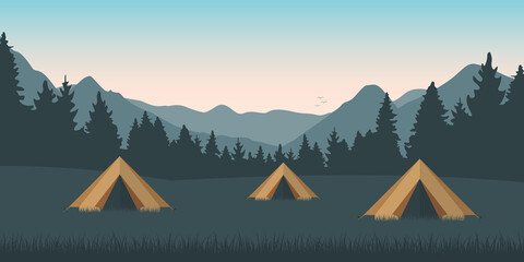 summer camp tents on green meadow with mountain view vector illustration EPS10 © krissikunterbunt
