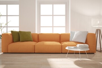 Fototapeta premium modern room with sofa,pillows,table,plants and white background in windows interior design. 3D illustration