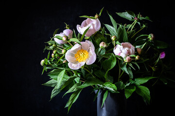 Bouquet of fresh pink peonies in a grey vase on a dark background. 