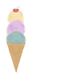 hand drawn watercolor ice cream isolated on white background. Green, purple and vanilla ice cream with cherry on top. Element for greeting card, banner, menu 