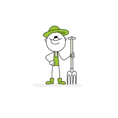 Doodle stick figure: Gardener and pitchfork. Vector.
