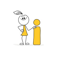 Doodle stick figure: Doodle stick figure: Business woman with information icon.Vector.