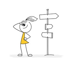 Doodle stick figure: girl in front of a choice. Vector.