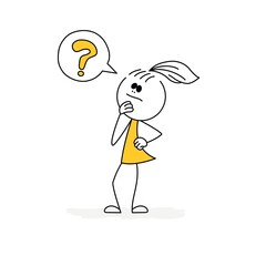 Doodle stick figure: girl with question mark. Vector.