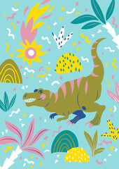 Vector card with a kind tyrannosaur in the memphis style