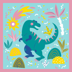 Obraz premium Vector card with a kind tyrannosaur in the memphis style