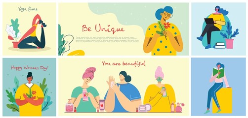 Concept of women unique background. Stylish modern vector illustration with happy female woman