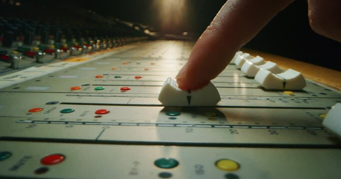 Macro slide shot of a sound producer hand is using a music mixer with editing tools in a professional recording studio.
