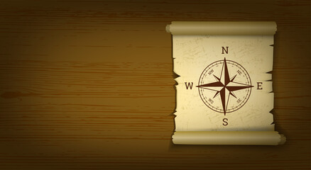 Compass rose design wind rose on old paper scroll vector illustration on wooden background with copy space