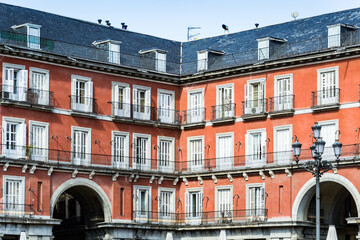 Fototapeta na wymiar It's Architecture on the Plaza Mayor, Madrid, Spain. It's the Spanish Property of Cultural Interest