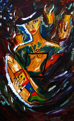 Woman illusionist  with a hat , oil painting. Illusion, Expressionism